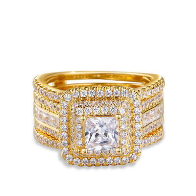 Jeulia Three Halo Princess Cut Sterling Silver Enhancer Ring Set