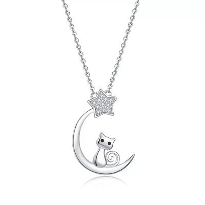 Jeulia Classic Moon and Star Cat Necklace Sterling Silver