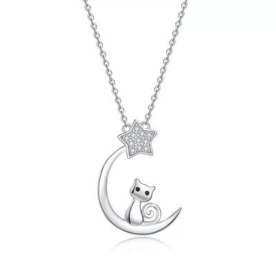 Jeulia Classic Moon and Star Cat Necklace Sterling Silver