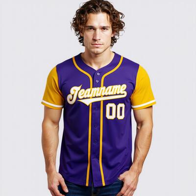 Personalized Purple Gold Two Tone Baseball Jersey Custom Number and Logo for Games Practices and Fan Use