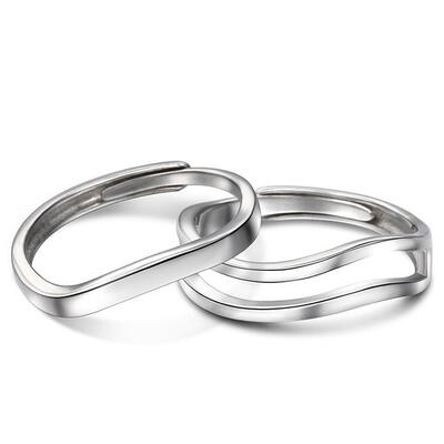 Jeulia Anillos de pareja con diseño simple de plata de ley de talla ajustable
