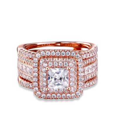Jeulia Three Halo Princess Cut Sterling Silver Enhancer Ring Set