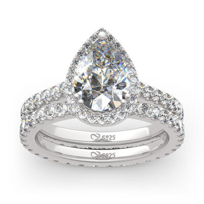 Jeulia Halo Pear Cut Sterling Silver Eternity Ring Set