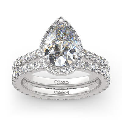 Jeulia Halo Pear Cut Sterling Silver Eternity Ring Set