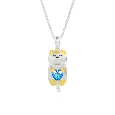 Jeulia Two Tone Smiling Cat Hug Heart Necklace Sterling Silver