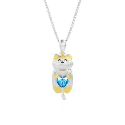 Jeulia Two Tone Smiling Cat Hug Heart Necklace Sterling Silver