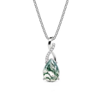 Jeulia Twist Pear Cut Moss Agate Necklace Sterling Silver