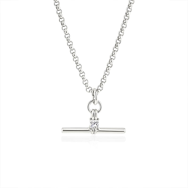 Jeulia "Andy" Style Silver T-Bar Necklace with Square Stone
