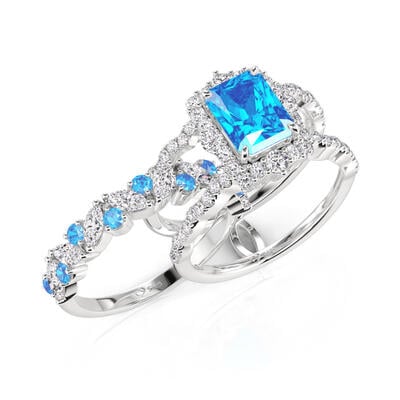 Jeulia Juego de Anillos de Boda Radiante con Halo y Diseño de Olas Personalizado