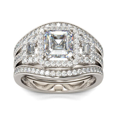 Jeulia Halo Three Stone Asscher Cut Sterling Silver Ring Set