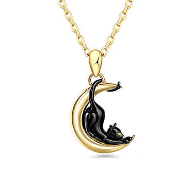 Jeulia Black Cat & Crescent Moon Sterling Silver Necklace