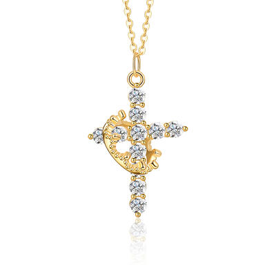 Jeulia Gold Cross with Crown Necklace in Sterling Silver