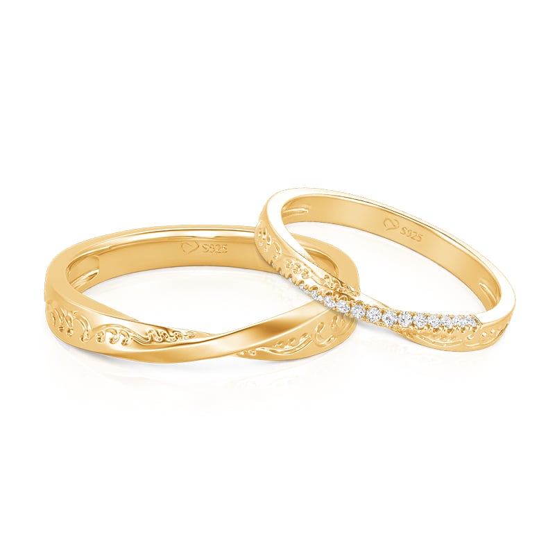Jeulia Vintage Wavy Engraved Matching Couple Ring Set