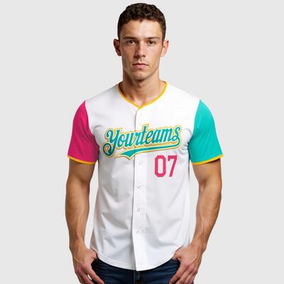 Custom White Pink Neon Green Authentic Two Tone Baseball Jersey with Personalized Number and Logo for Games Practices and Fan Events