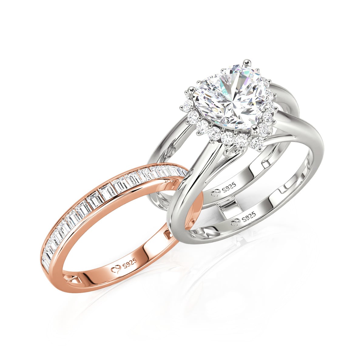 Jeulia Two Tone Heart Halo Channel-Set Bridal Ring Set