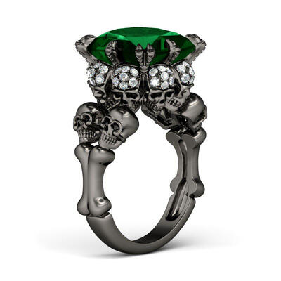 Jeulia Black Tone Princess Cut Created Emerald Four Skull Ring