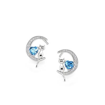 Jeulia Custom Cat on Moon Earrings with Heart Birthstone