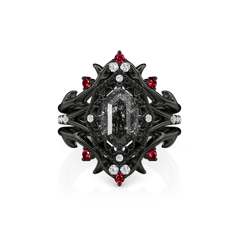 Jeulia Gothic Thorn Hexagon Black Rutilated Quartz Bridal Set