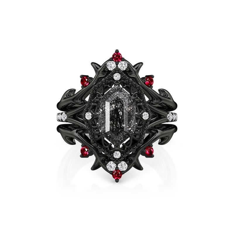Jeulia Gothic Thorn Hexagon Black Rutilated Quartz Bridal Set
