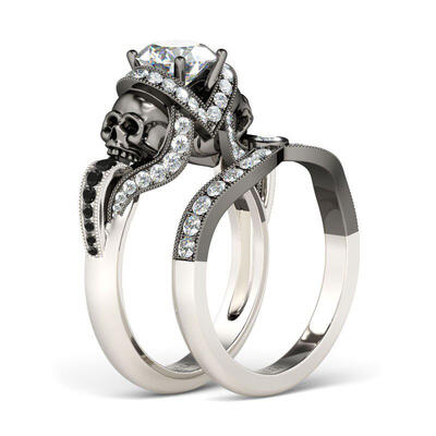 Jeulia Two Tone Round Cut Sterling Silver Skull Ring