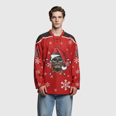 Custom Red Black-White Christmas Snowman 3D Hockey Lace Neck Jersey