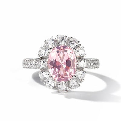 Jeulia Floral Halo Oval Cut Synthetic Morganite Sterling Silver Ring