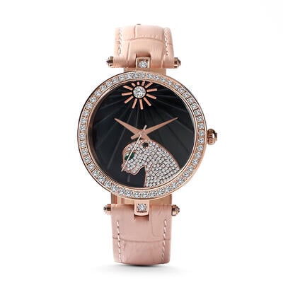 Jeulia "Wild Beauty" Leopard Quartz Pink Leather Watch with Black Dial