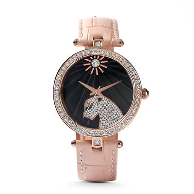 Jeulia "Wild Beauty" Leopard Quartz Pink Leather Watch with Black Dial