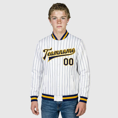 Custom White Pinstripe Full-Snap Varsity Letterman Jacket Fit for Daily Commutes and After-School Meetups