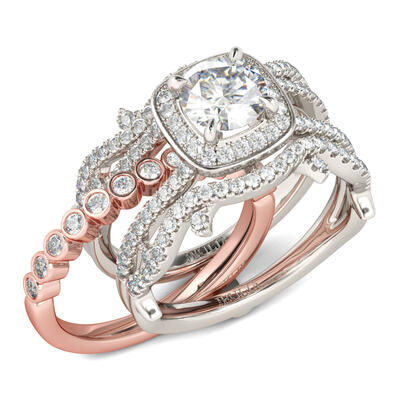 Jeulia Interchangeable Two Tone Halo Round Cut Sterling Silver Ring Set