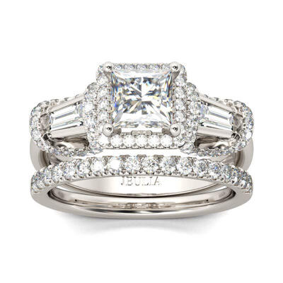 Jeulia Conjunto De Anillos De Tres Piedras Con Halo De Talla Princesa En Plata De Ley