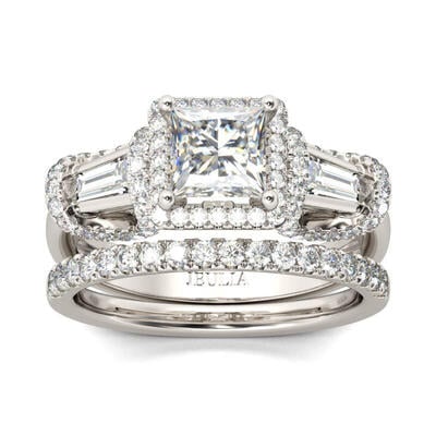 Jeulia Three Stone Halo Princess Cut Sterling Silver Ring Set