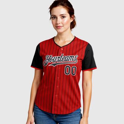 Custom Red Black Pinstripe Two Tone Baseball Jersey with Personalized Number and Logo for Games Practices and Fan Events