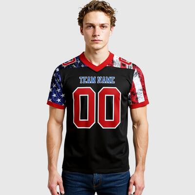 Custom Football Jersey Black Red Royal-White 3D Pattern American Flag Mesh Authentic