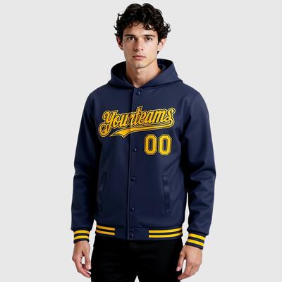 Custom Navy Bomber Full-Snap Varsity Letterman Hoodie Jacket for Urban Hangouts