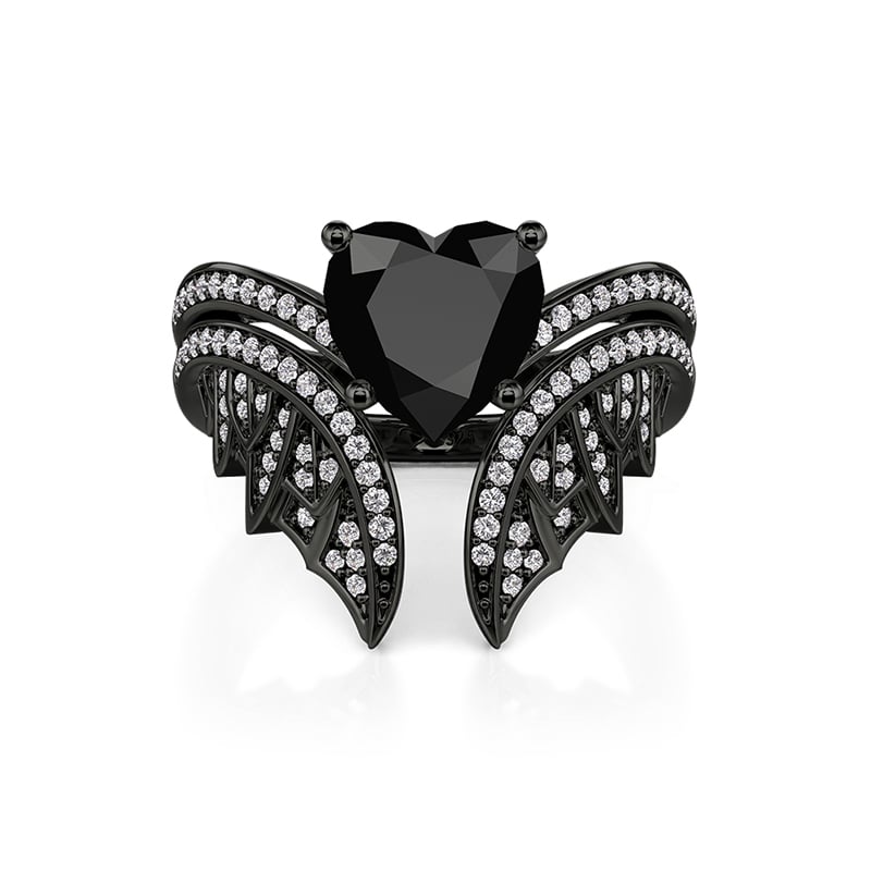 Jeulia Vintage Bat Wing Black Heart Bridal Ring Set