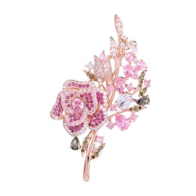 Jeulia Rose Flower and Leaf Design Copper Brooch