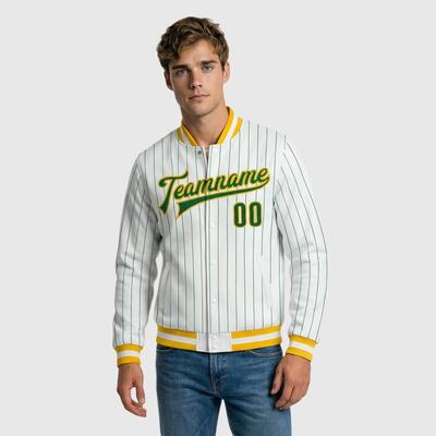 Custom White Pinstripe Full-Snap Varsity Jacket – Great for Coffee Runs