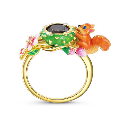 Jeulia "Have Fun" Squirrel with Flower Enamel Sterling Silver Ring