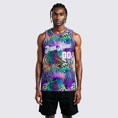 Custom Purple White-Purple 3D Pattern Tropical Hawaii Plants Authentic Basketball Jersey
