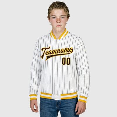 Custom White Pinstripe Full-Snap Varsity Jacket-Ideal for Brunch Dates
