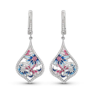 Jeulia Pendientes de colgante con esmalte de libélulas de plata de ley