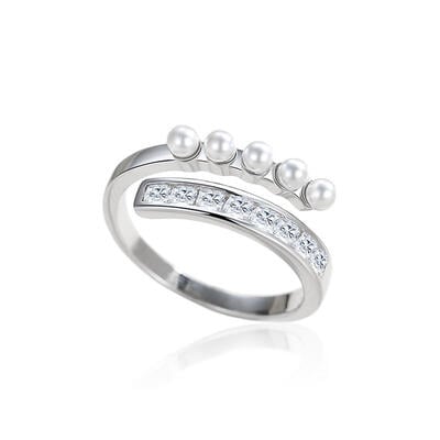 Jeulia "Glimmering Grace" Bypass Design Pearl Sterling Silver Open Ring