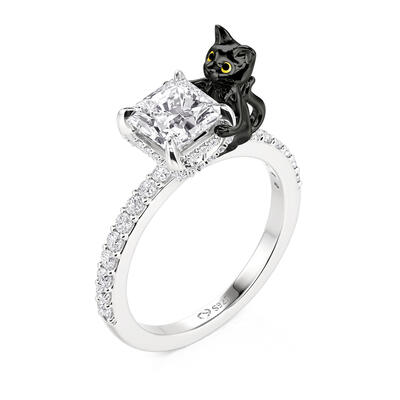 Jeulia Hug Me Black Cat Hidden Halo Ring Sterling Silver