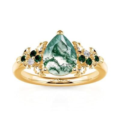 Jeulia Gold Holly Leaf Pear Shaped Moss Agate Engagement Ring