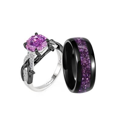 Jeulia Forest Black Purple Stone Couple Rings Set