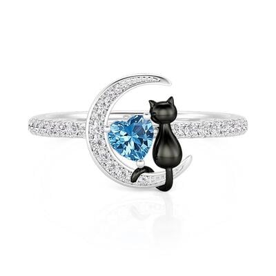 Jeulia Custom Moon & Black Cat Pave Ring With Heart Birthstone