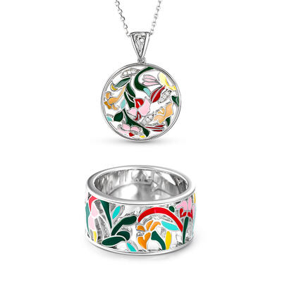 Jeulia "Floral Fantasy" Flower and Leaf Enamel Sterling Silver Jewelry Set