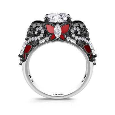 Jeulia Anillo de Boda Vintage de Calavera Negra Mariposa en Plata Esterlina