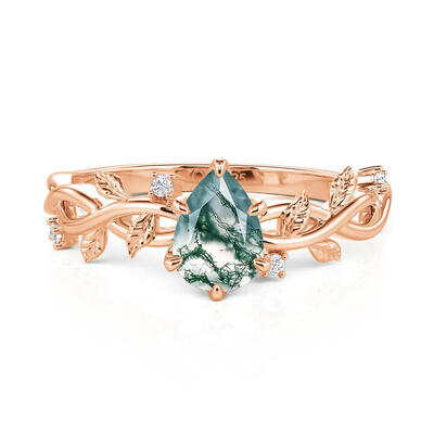 Jeulia Pear Cut Rose Gold Moss Agate Engagement Ring with Vine Leaf
